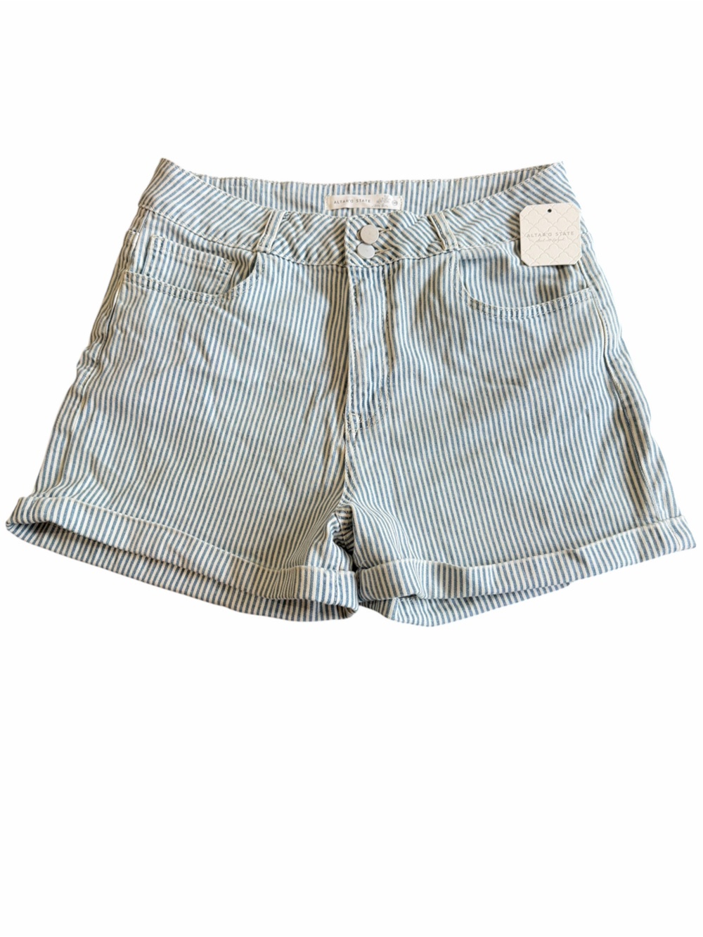 Altar’d State Striped High Rise Denim Shorts Size 30 Blue White NWOT